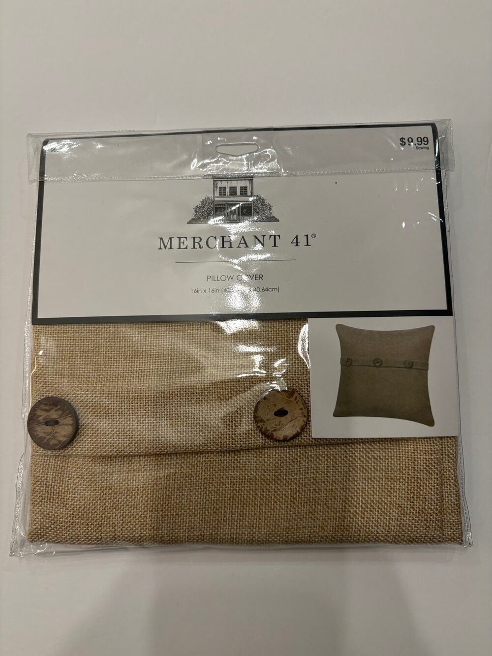 NWT Merchant 41 Burlap Pillow Cover 16x16 Rustic Farmhouse Coconut Wood Buttons